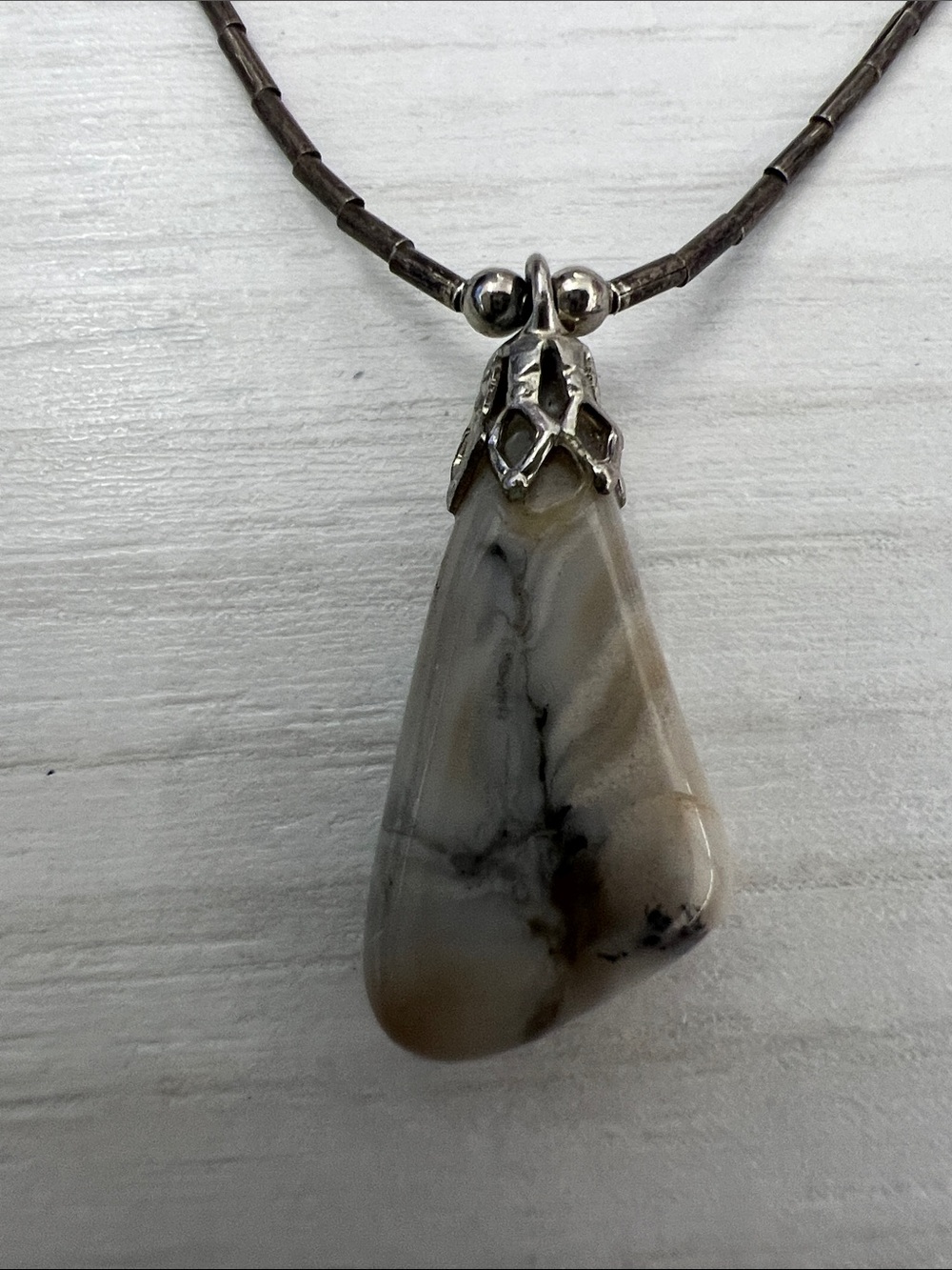 Delicate Gray Bead Necklace with Teardrop Pendant - Picture 2 of 8
